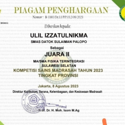Siswi SMAS Datuk Sulaiman Palopo Berhasil Raih Juara II KSM Fisika Terintegrasi.