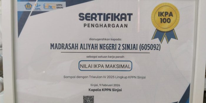 Sertifikat Penghargaan Nilai IKPA Maksimal MAN 2 Sinjai