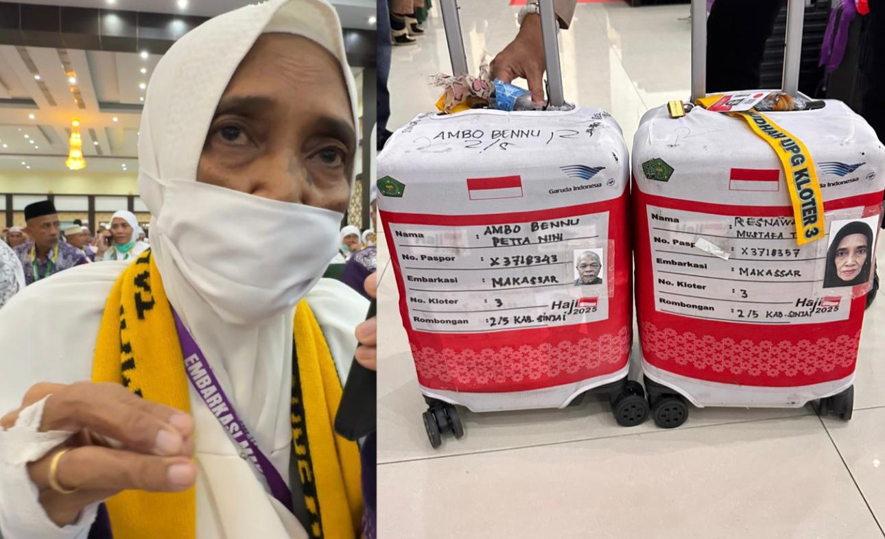 Resnawati Mustafa Tappa yang pulang  membawa koper haji Almarhum Suaminya, Ambo Bennu Petta Nini (62 tahun) yang wafat di Makkah