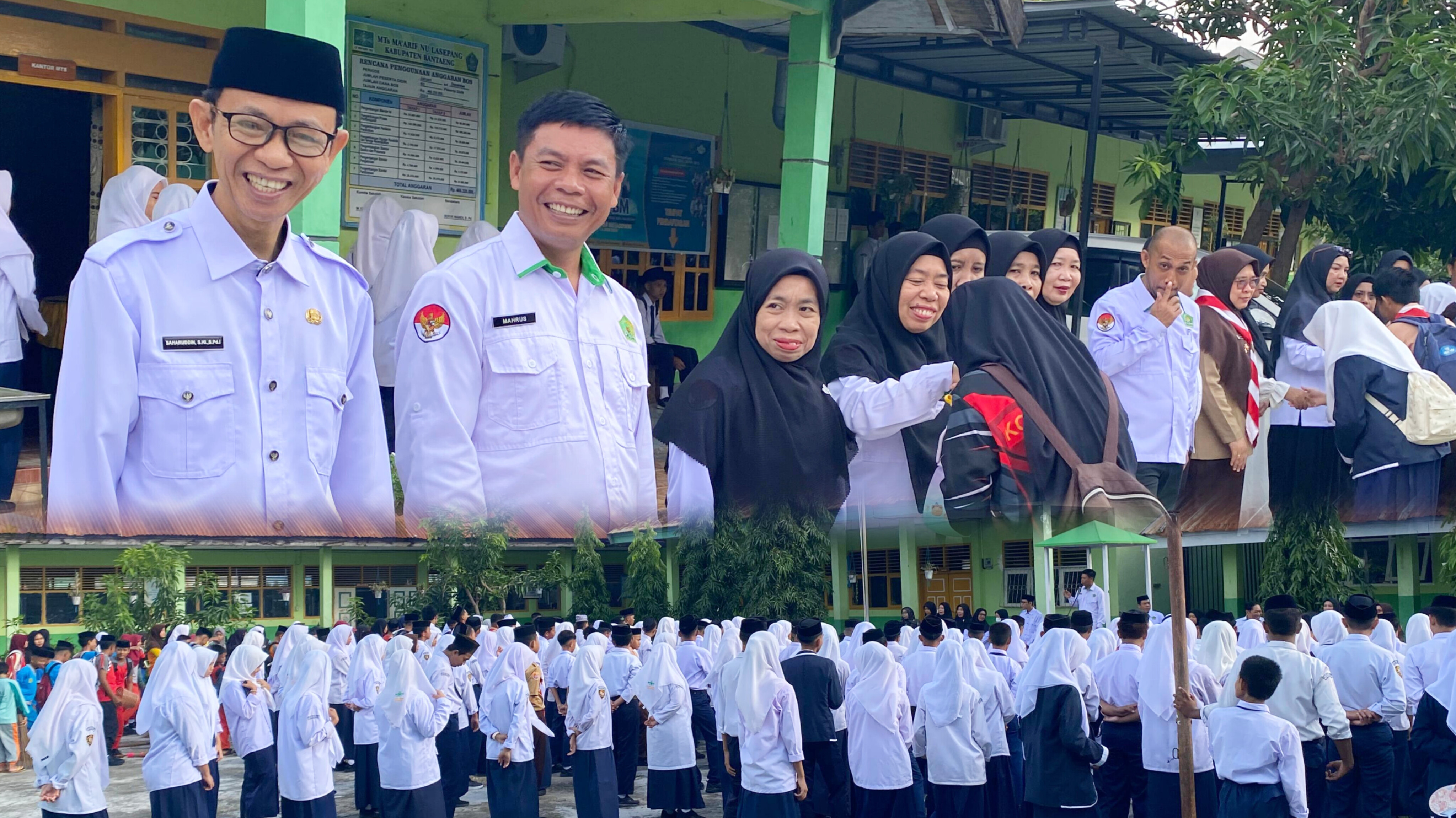 Kepala Madrasah beserta jajaran sambut siswa MTs Ma'arif Lasepang pada Senin, 14 Juli 2025 (Foto: Humas MTs Ma'arif Lasepang)