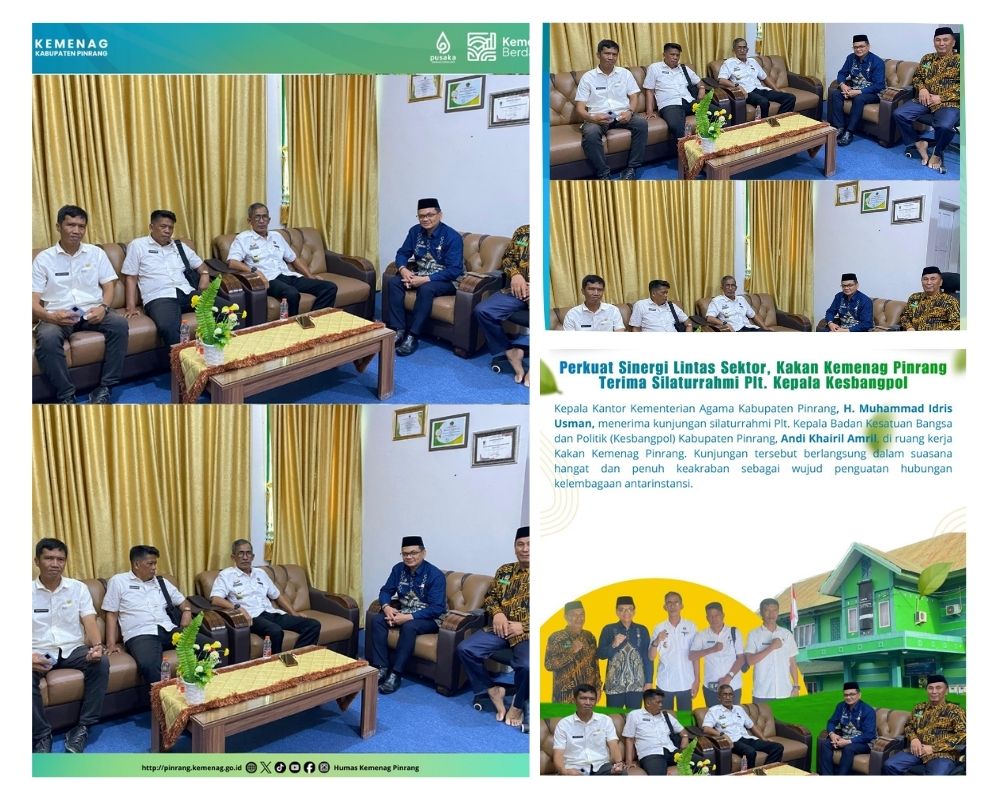 Kemenag Pinrang menerima silaturrahmi Kesbangpol untuk memperkuat sinergi menjaga stabilitas daerah dan kerukunan umat beragama.