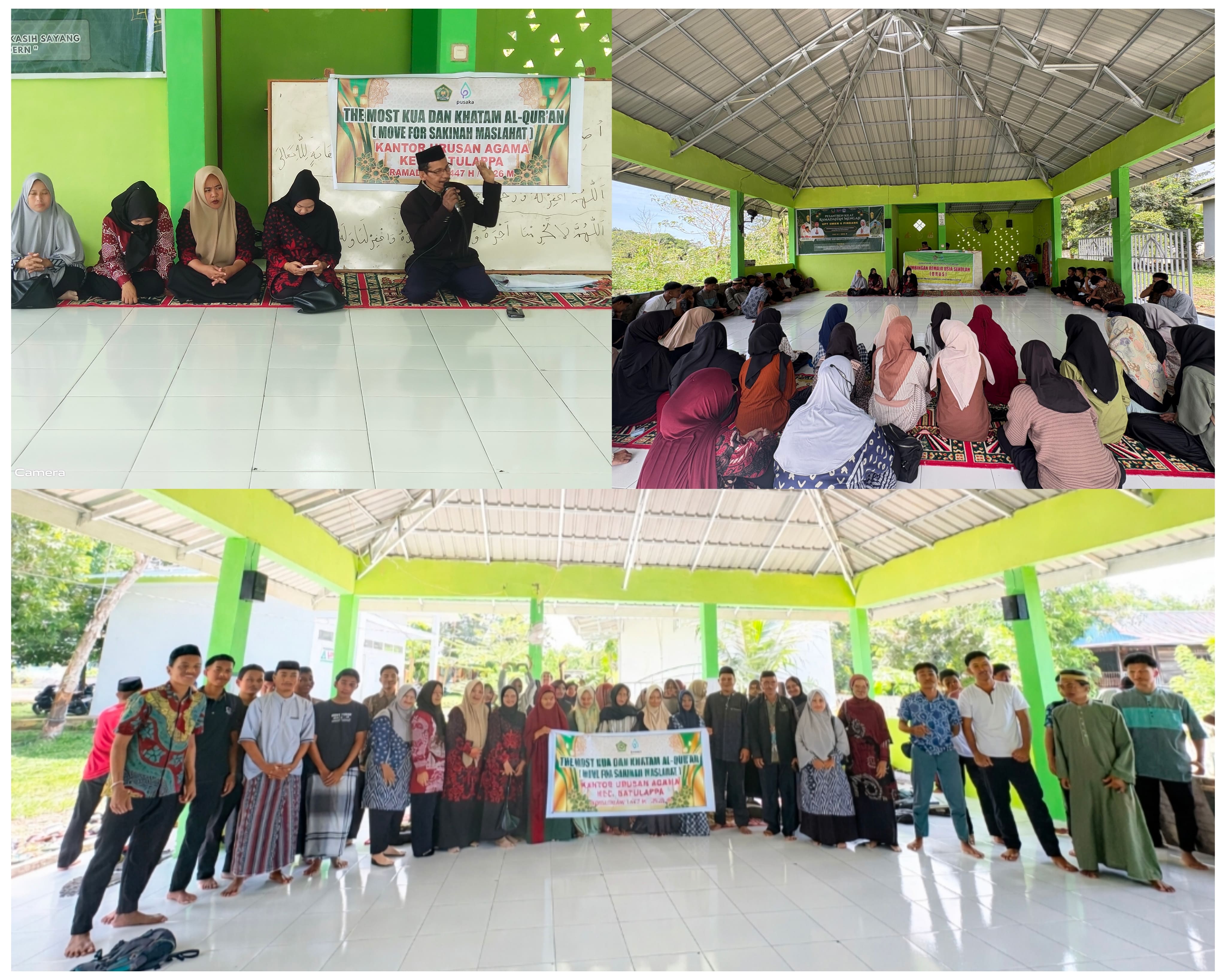 Kepala KUA Kec. Batulappa Muhamadong bersama Kepala SMKN 6 Pinrang H. Jawari Natsir, Penyuluh Agama Islam, serta siswa-siswi usai pelaksanaan The Most KUA dan Khatam Al-Qur’an di Mushallah Nurul Ilmi Tondong Parapah, Kelurahan Kassa.