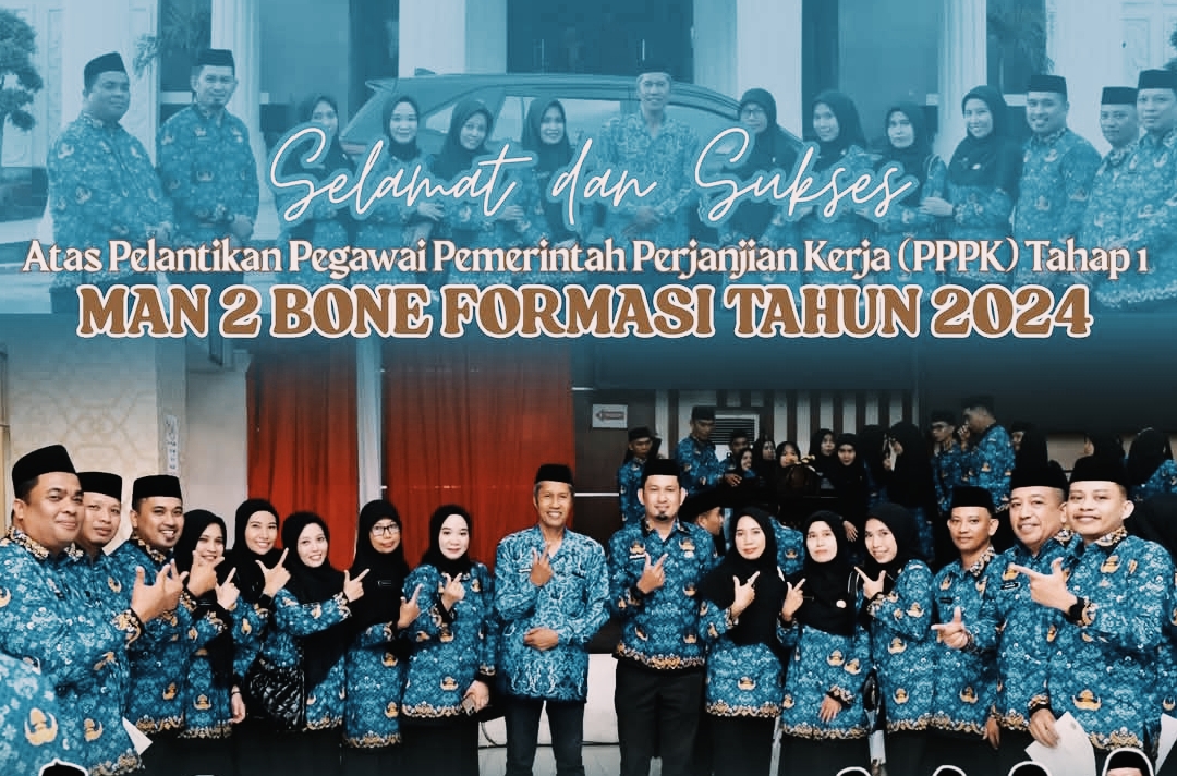 Sebanyak 15 Pegawai MAN 2 Bone terdiri dari 6 Guru dan 9 Tenaga Kependidikan, dilantik di Gedung PKK Pemkab Bone, Jalan Ahmad Yani, Kel. Macanang Kec. Tanete Riattang Barat, Senin, 26 Mei 2025.