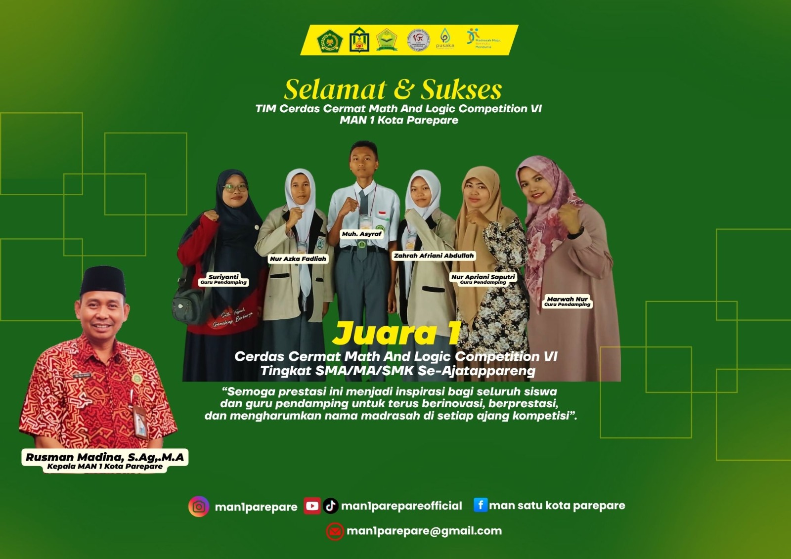 Tim Cerdas Cermat MAN 1 Raih Juara 1 di Ajang Math and Logic Competition VI IAIN Parepare