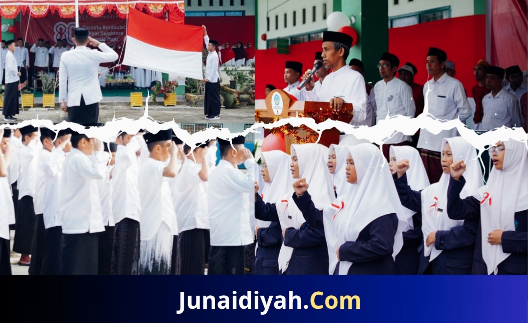 Pimpinan Pondok Pesantren (Ponpes) Modern Al-Junaidiyah Biru, Dr. H. Abul Khair, M.Sy, pimpin jalannya Upacara Peringatan Hari Kemeredekaan Republik Indonesia Ke- 80 Tahun, di lapangan pondok, Ahad, 17 Agustus 2025.