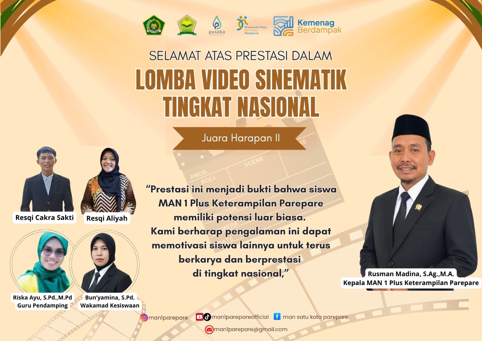 Siswa MAN 1 Plus Keterampilan Parepare Raih Juara Harapan II Lomba Video Sinematik Tingkat Nasional