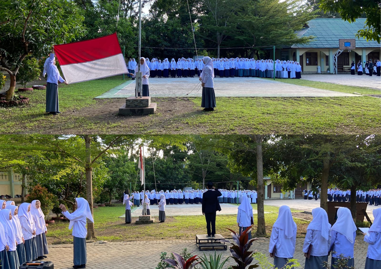 Kegiatan upacara di halaman madrasah