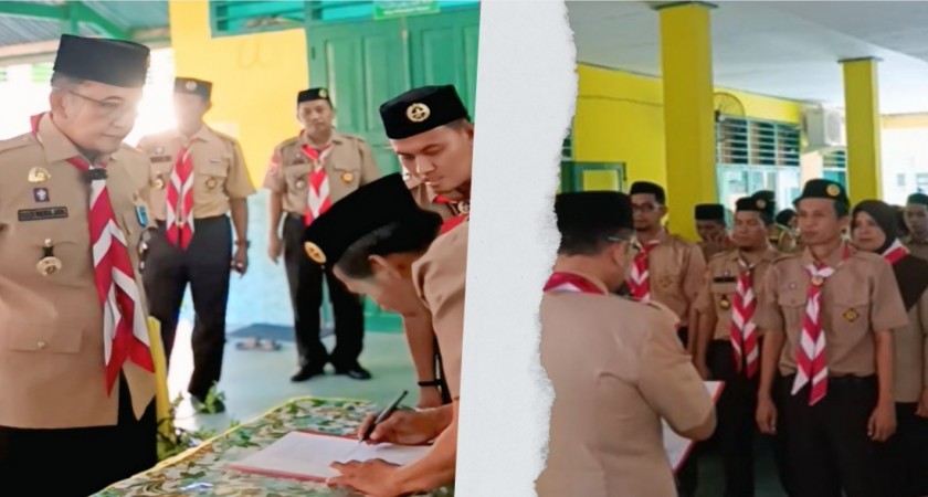 Ketua Mabigus bersama jajaran pengurus Gudep MAN 2 Soppeng usai dilantik, siap mengemban amanah dalam membina peserta didik melalui Gerakan Pramuka.