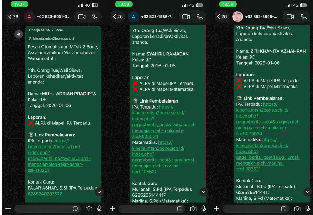 Tampilan fitur aplikasi kinerja MTsN 2 Bone yang menampilkan laporan rekapitulasi kehadiran siswa